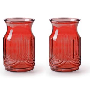 2x Stuks Bloemenvazen - rood/transparant glas - H20 x D12.5 cm