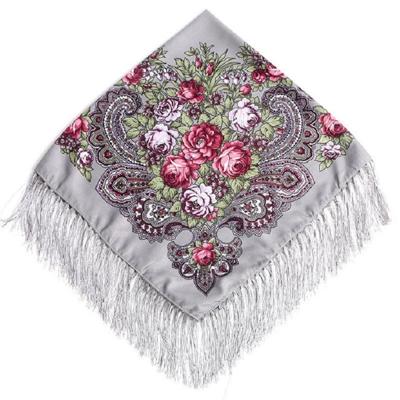Grijze etnische stijl retro kwast vierkante sjaal bloem patroon hoofddoek sjaal grootte: 90 x 90cm