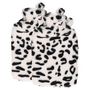 Warmwaterkruik - 2x - met zachte dierenprint hoes - wit/zwart - 1,75L - kruik