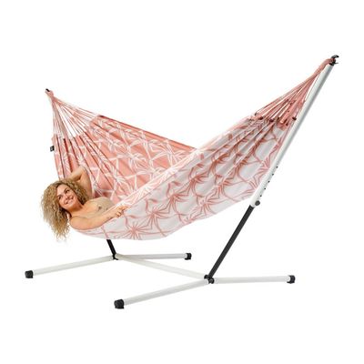 Familie hangmat met metalen standaard - 400x180cm - Roze - 200kg draagkracht- 100% katoen - binnen & buiten