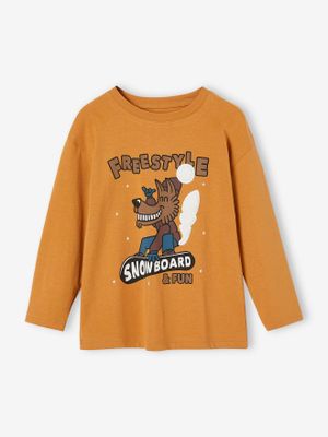 Jongens-T-shirt met fantasieprint van gerecycled katoen pecannoot