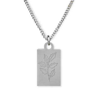 Gegraveerde geboortebloem ketting OUD DESIGN - Stainless steel - Zilver - Rechthoek - December - hulst