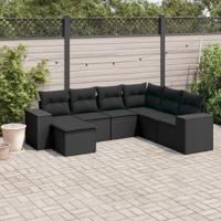 7-delige Loungeset met kussens poly rattan zwart