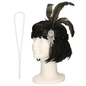 Carnaval verkleed accessoire set - dames hoofdband en parelketting - charleston/jaren 20 stijl