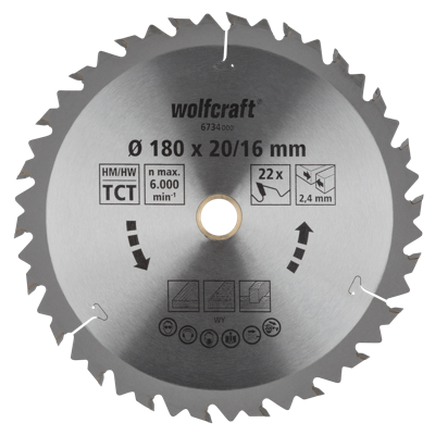 Wolfcraft HM Cirkelzaagblad | 22 td | Ø180 x 20 x 2,4mm | 1 stuk - 6734000