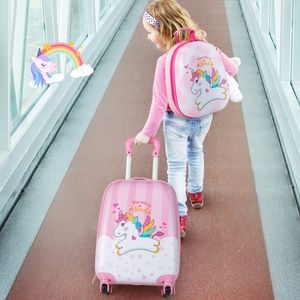 2-Delige Kinderkoffer + Rugzak Kindertrolley van Kunststof Kinderbagage Kinderkofferset Handbagage Roze Eenhoorns