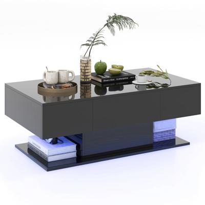 Moderne LED Salontafel Bijzettafel met 2 Niveaus met 20 Gekleurde LED-Lampjes en 2 Opbergladen Rechthoekige Centrale Tafel Zwart
