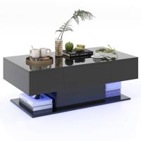 Moderne LED Salontafel Bijzettafel met 2 Niveaus met 20 Gekleurde LED-Lampjes en 2 Opbergladen Rechthoekige Centrale Tafel Zwart