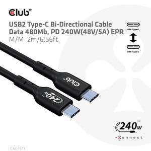 CLUB3D USB2 Type-C Bi-Directional Cable, Data 480Mb,PD 240W(48V/5A) EPR M/M 2m USB IF GECERTIFICEERD