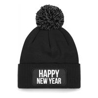 Happy New Year muts met pompon unisex - one size - zwart