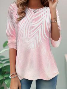 Crew Neck Jersey Pink Leaf Casual T-Shirt