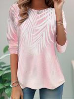 Crew Neck Jersey Pink Leaf Casual T-Shirt - thumbnail