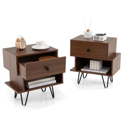 2-delige set Nachttafels met Afneembare Lade en Open Vak Mid-century Salontafel Bruin