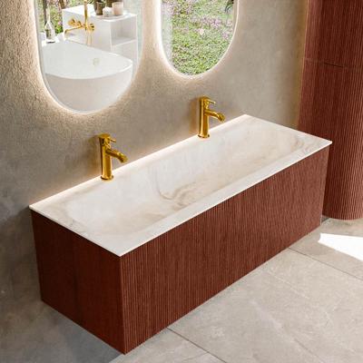 Badmeubel Mondiaz Kurve-Dlux | 120 cm cm | Meubelkleur Ruby | Wastafelkleur Frappe | Solid surface | Wasbak midden spoelbak | 2 kraangaten