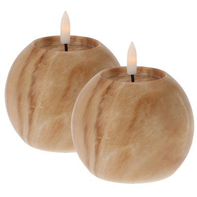 LED kaarsen/bolkaarsen - 2x - rond - bruin - marmer - D10 x H7,5 cm