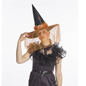 Verkleed heksenhoed - met sluier - zwart/oranje - voor volwassenen - Halloween hoofddeksels