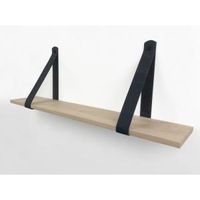 Eiken 18mm wandplank recht 75 x 20 cm inclusief leren riemen zwart Eiken 18mm wandplank recht 75 x 20 cm inclusief leren riemen zwart