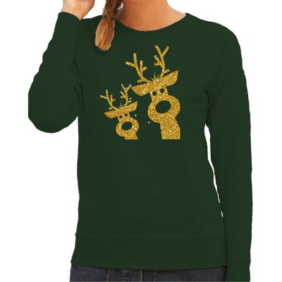 Foute Kersttrui / sweater - dames - gouden rendieren - groen - glitter goud Foute Kersttrui / sweater - dames - gouden rendieren - groen - glitter goud