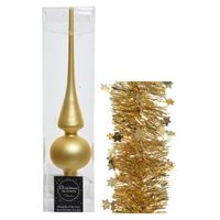 Kerstversiering glazen piek mat 26 cm en sterren folieslingers pakket goud van 3x stuks - thumbnail