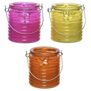 Citronella kaars - 3x - in windlicht - roze/geel en oranje - 20 branduren - citrusgeur