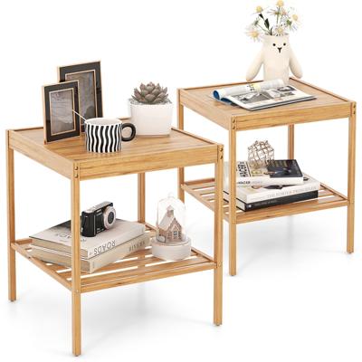 Set van 2 Nachtkastjes van Bamboe Bijzettafel met 2 Niveaus Natuurlijke Stijl Hoofdeinde voor Bank 40 x 40 x 45 cm