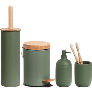 Badkamer accessoires set 4-delig - kunststeen - bamboe hout salie groen