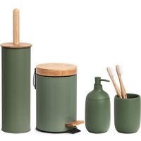 Badkamer accessoires set 4-delig - kunststeen - bamboe hout salie groen - thumbnail