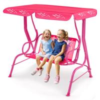 Kinderschommel voor Terras 2-Zits Verandastoel met Metalen Standaard en Verstelbare Luifel Mini-Schommel voor Buiten met Veiligheidsgordels