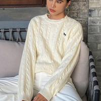 Bon&Bon Women's Navy Blue Polo Collar Cable-Knit Embroidered Sweater White-5 / XL