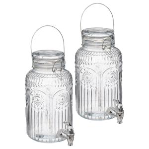 Drank/water/sap dispenser Marbella - 2x - 3.8 Liter - bewerkt deco glas - tapkraan/deksel zilver