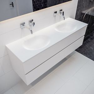 Mondiaz Vica Moon badmeubel wit mat 150 cm 2 lades solid surface dubbele spoelbak zonder kraangat