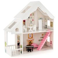 Houten Halfopen Poppenhuis voor Kinderen DIY Gesimuleerde Kamers en Meubels 2 Grote Dakramen en Schattig Behang Wit 81 x 30 x 86 cm