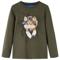 Kindershirt met lange mouwen wolvenprint 140 kakikleurig
