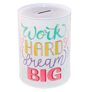 Spaarpot blik Tekst Work Hard Dream Big - gekleurd - 8 x 12 cm - Kinderen/volwassenen