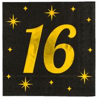Verjaardag feest servetten - leeftijd 16 jaar - 16x stuks - zwart/goud - sterren - 33 x 33 cm