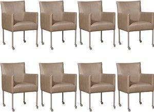 Set van 8 Feloranje leren moderne kuipstoel Desire - poot rond rvs met wiel - Granada leer Taupe (feloranje leer)