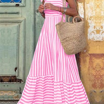 Women's Red Striped Boho Maxi Dress | Shirred Cami Beach Outfit Pink / S