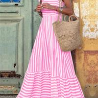 Women's Red Striped Boho Maxi Dress | Shirred Cami Beach Outfit Pink / S