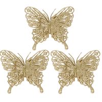 3x Kerstboomversiering vlinders op clip glitter goud 11 cm - thumbnail