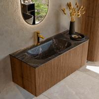Mondiaz KURVE-DLUX 115 cm Onderkast Greeploos 1 Lade Met Deuren Walnut, Wastafel Solid Surface Links Lava 1 Kraangat Zonder Spiegel (KRVBGS115R1L1D1KL-Wal/Lav)