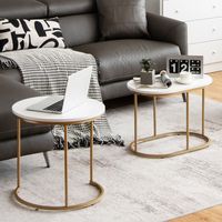 Set van 2 Salontafel met Marmeren Look Bijzettafel Hout met Goudkleurige Metalen Poten Koffietafels Set Modern Rond Wit - thumbnail