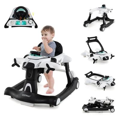 6-In-1 Loophulp Loopwagen met Verstelbare Hoogte en Snelheid Babywalker Vliegtuigmotief met Afneembaar Muziekdoosje-Wit