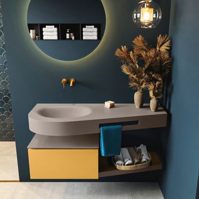 MONDIAZ RIVA 120cm badmeubel onderkast / planchet kleur Ocher met 1 lade. Wastafel DULCET links 0 kraangaten kleur Smoke. MONDIAZ RIVA 120cm badmeubel onderkast / planchet kleur Ocher met 1 lade. Wastafel DULCET links 0 kraangaten kleur Smoke.