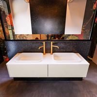 Badkamermeubelset Mondiaz Erin 150 cm met 2 Lades met RIDGE Wastafel Dubbel Talc met 2 kraangaten Greeploos Mat Linen