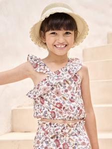 Asymmetrische meisjesblouse met bloemenprint en volant ecru
