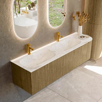 Badmeubel Mondiaz Kurve-Dlux | 165 cm cm | Meubelkleur Dusk | Wastafelkleur Frappe | Solid surface | Dubbel / Links spoelbak | 2 kraangaten