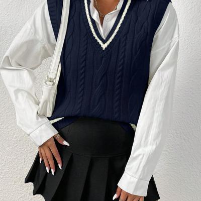 Bon&Bon Cable Knit Sweater Vest - V-Neck Striped Trim Casual Black Top Royal Blue / M