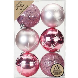 Gedecoreerde kerstballen - 6x st - 8 cm - kunststof - roze