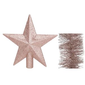 Kerstversiering kunststof glitter ster piek 19 cm en folieslingers pakket lichtroze van 3x stuks