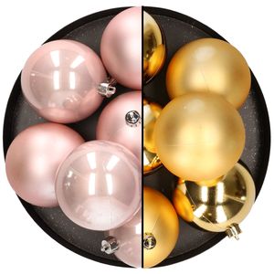 12x stuks kunststof kerstballen 8 cm mix van lichtroze en goud   -